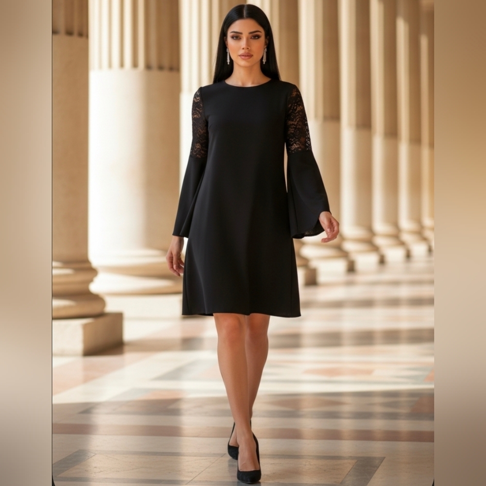 Vince Camuto Black Dress With Bell Sleeves And Lace Detail Size XS Retail $119